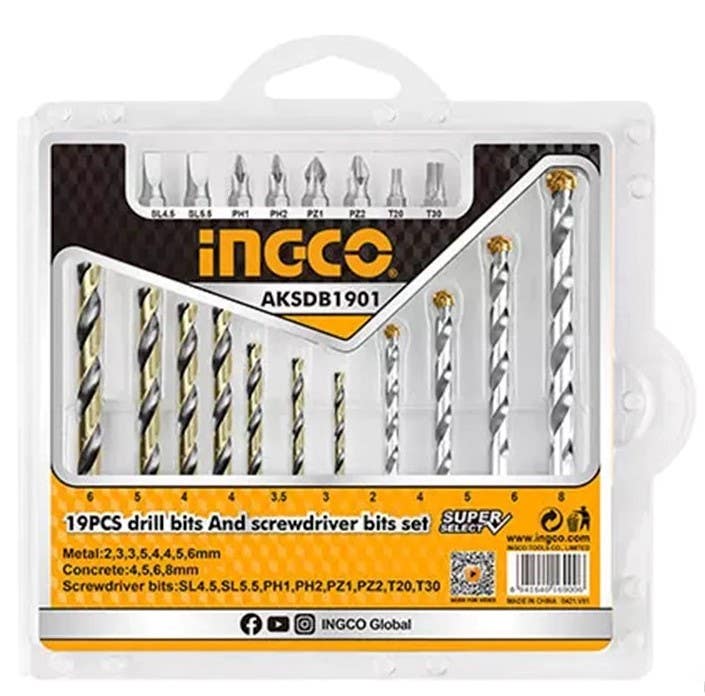 Ingco AKSDB1901 Drill Bits Set, 19 Pieces - Multicolor