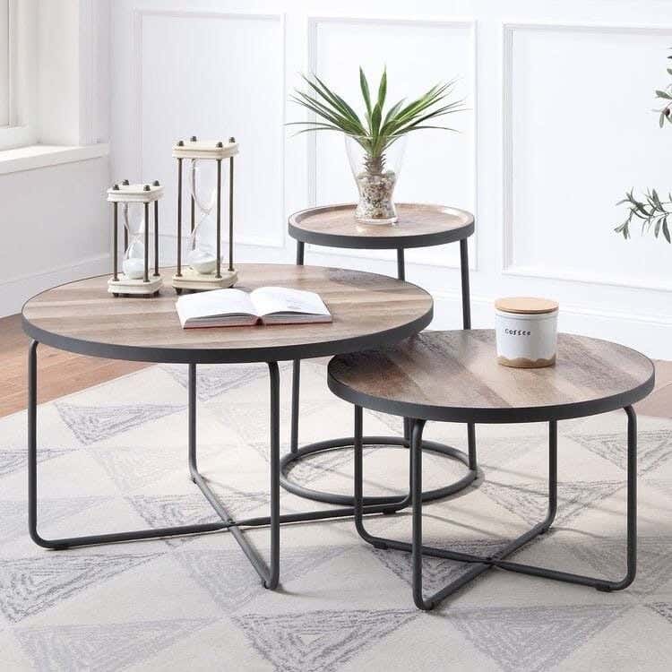 Steel Modern Center Table Set, 3 Pieces, MDF Wood Surface, 75x75x45 Cm - Black Brown