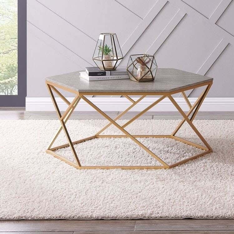 Steel Modern Center Table, Marble Surface, 45x80 cm - Gold Grey