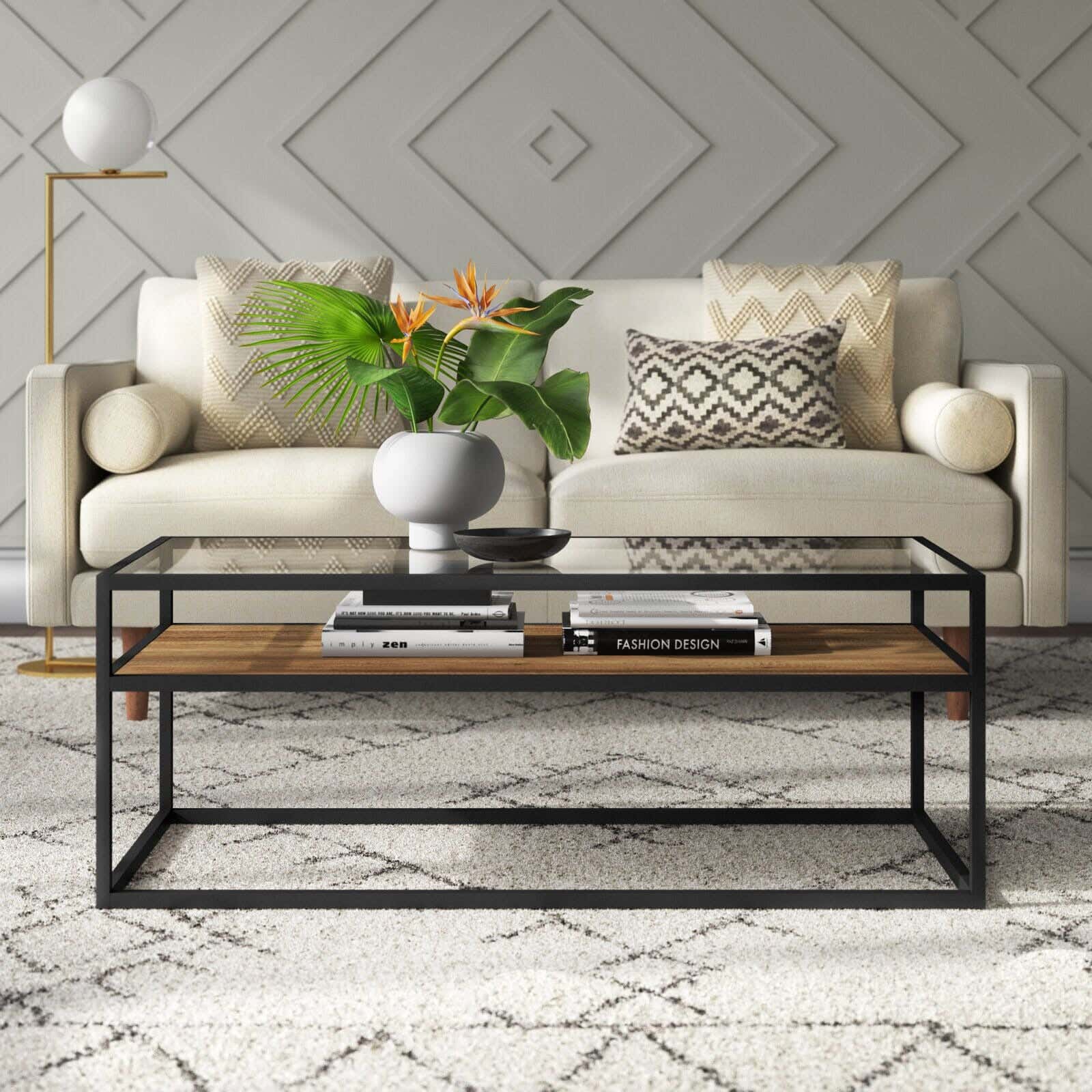 Modern Steel Center Table, Wood Surface And Mdf Glass, 100 X 50 X 50 Cm - Multicolor