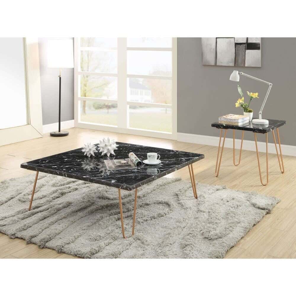 Steel Modern Center Table Set, 2 Pieces, Marble Surface, 100x100x45 Cm - Gold Black