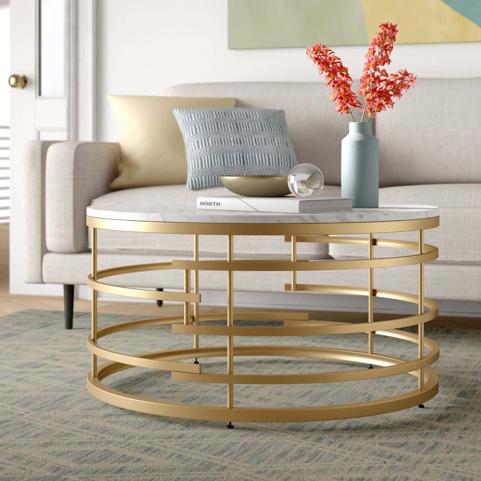 Steel Modern Center Table, Marble Surface, 45× 80 cm - Gold White
