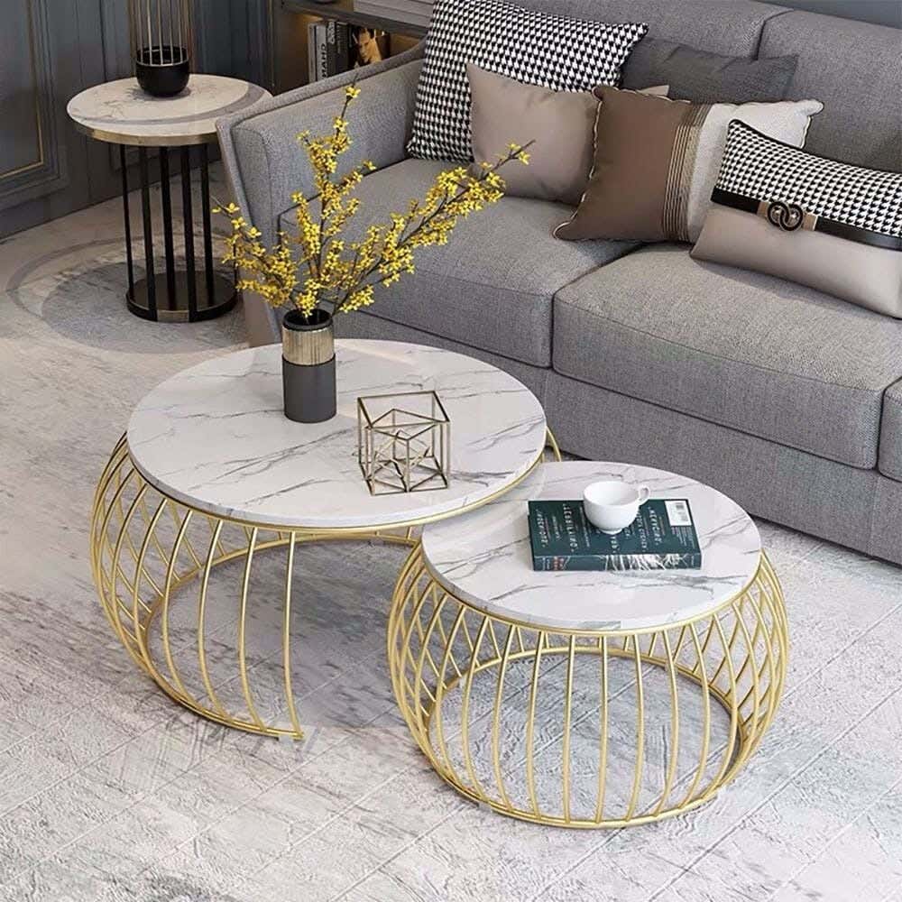 Steel Modern Center Table Set, 2 Pieces, Marble Surface, 75x75x45 Cm - Gold White