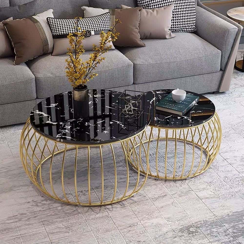 Steel Modern Center Table Set, 2 Pieces, MDF Wood Surface, 75x75x45 Cm - Gold Black