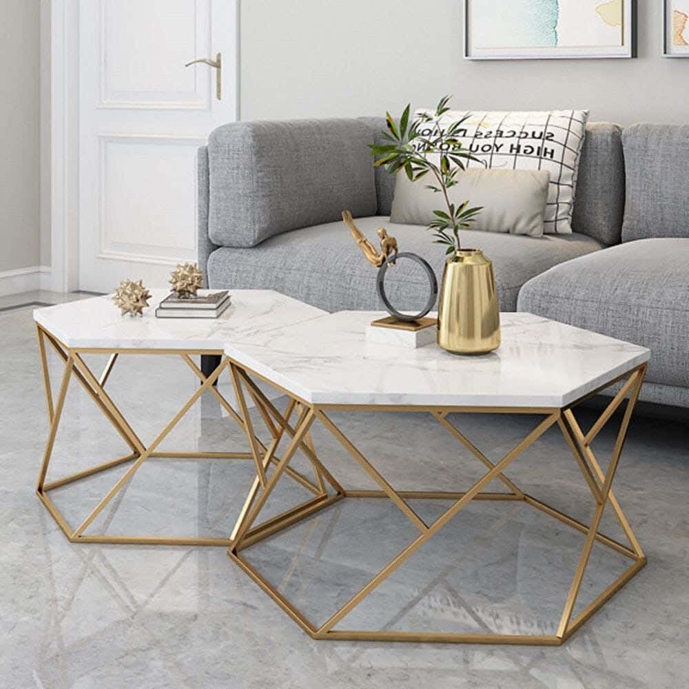Steel Modern Center Table Set, 2 Pieces, Marble Surface, 75x75x45 Cm - Gold White