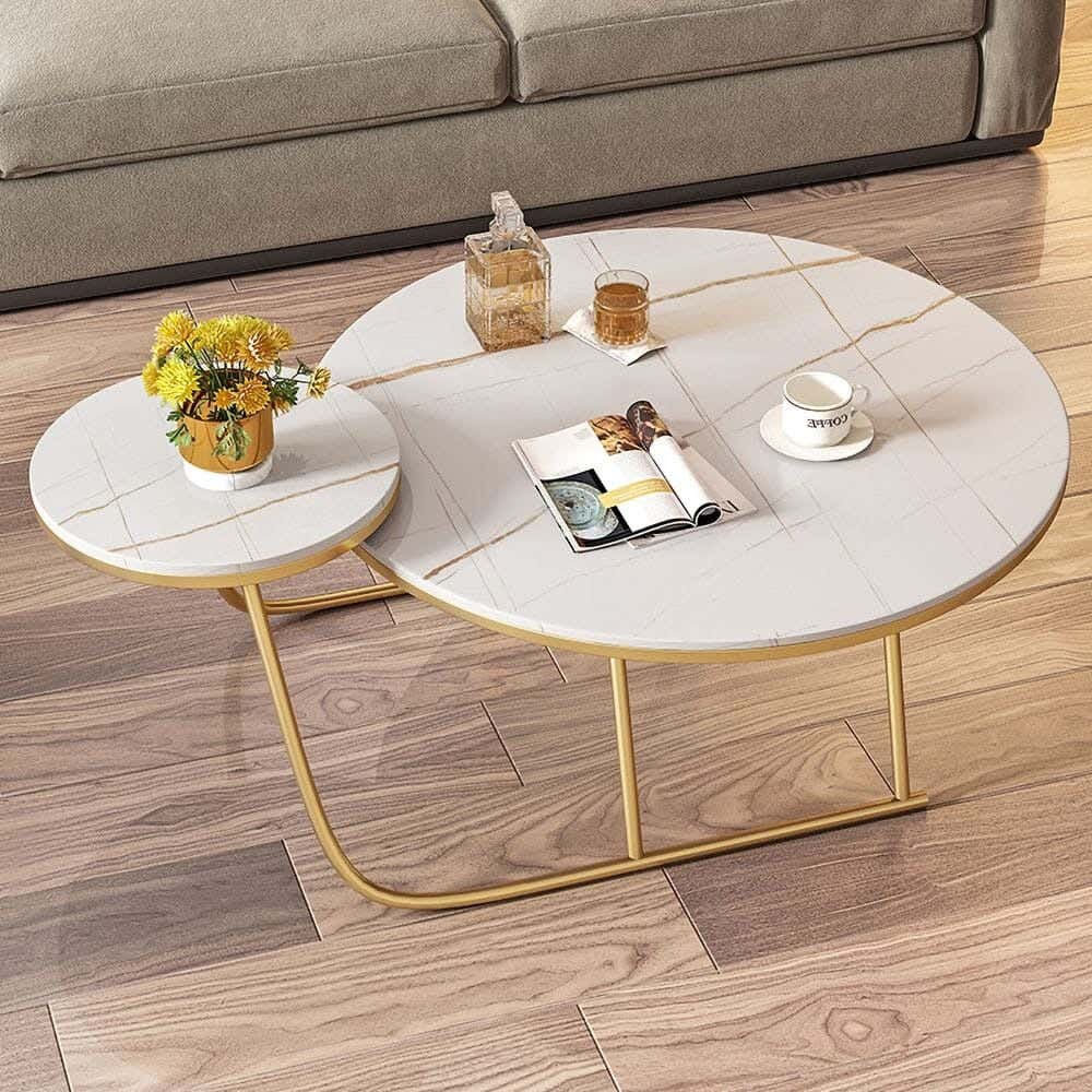 Steel Modern Center Table Set, 2 Pieces, Marble Surface, 75x75x40 Cm - Gold White