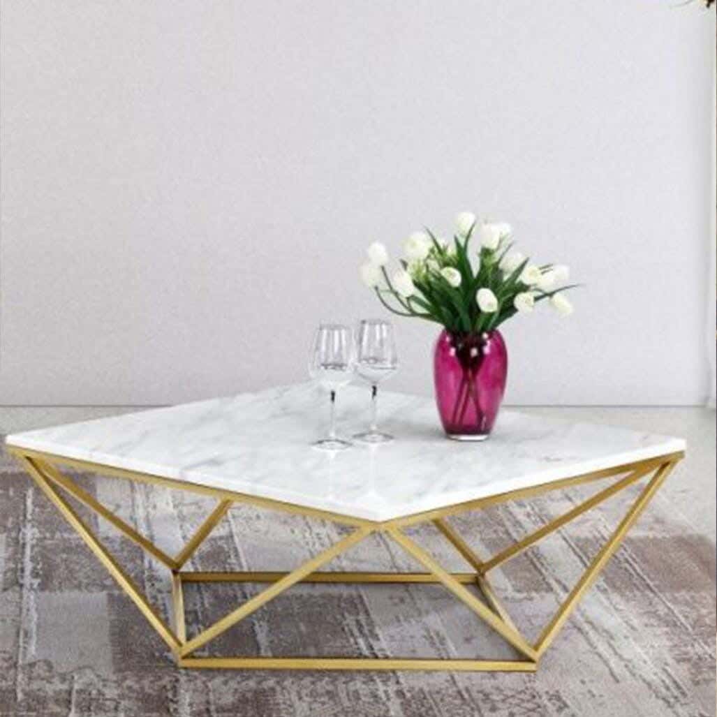 Steel Modern Center Table, Marble Surface, 80x80x45 cm - Gold White