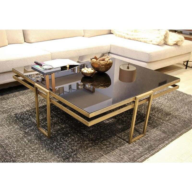 Steel Modern Center Table, Glass Surface, 90x90x45 Cm - Gold Clear