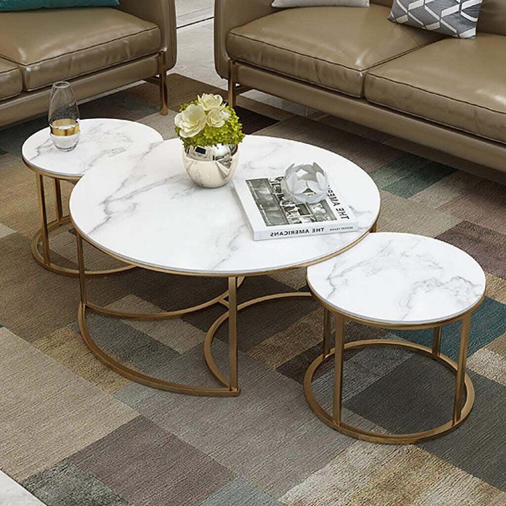 Steel Modern Center Table Set, 3 Pieces, Marble Surface, 75x75x45 Cm - Gold White
