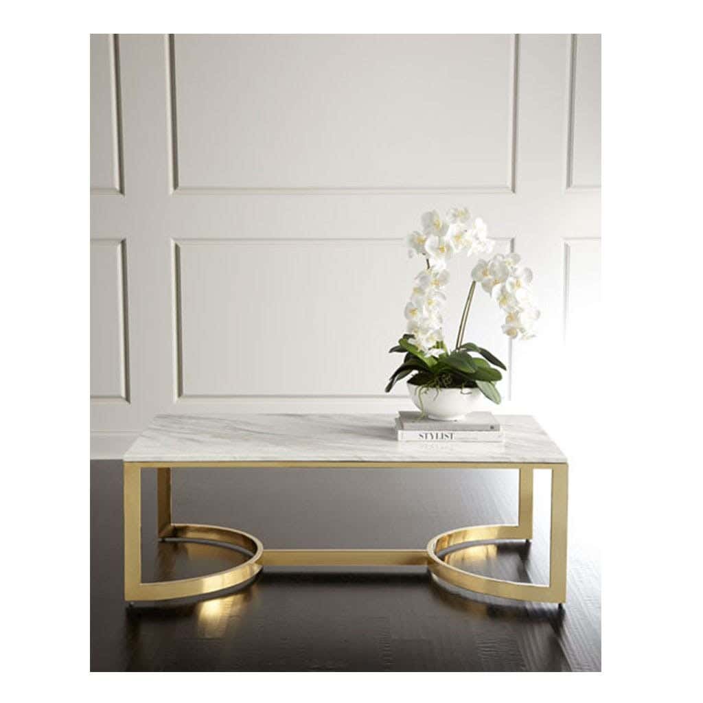 Modern Steel Center Table, Marble Top, 100 X 50 X 45 Cm - White Gold
