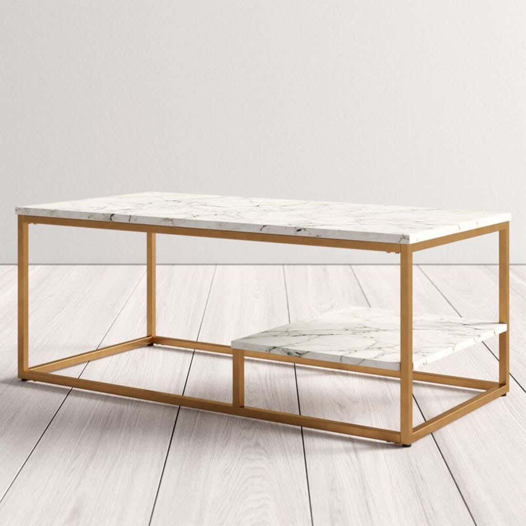 Steel Modern Center Table, Marble Surface, 80x80x45 Cm - Gold White