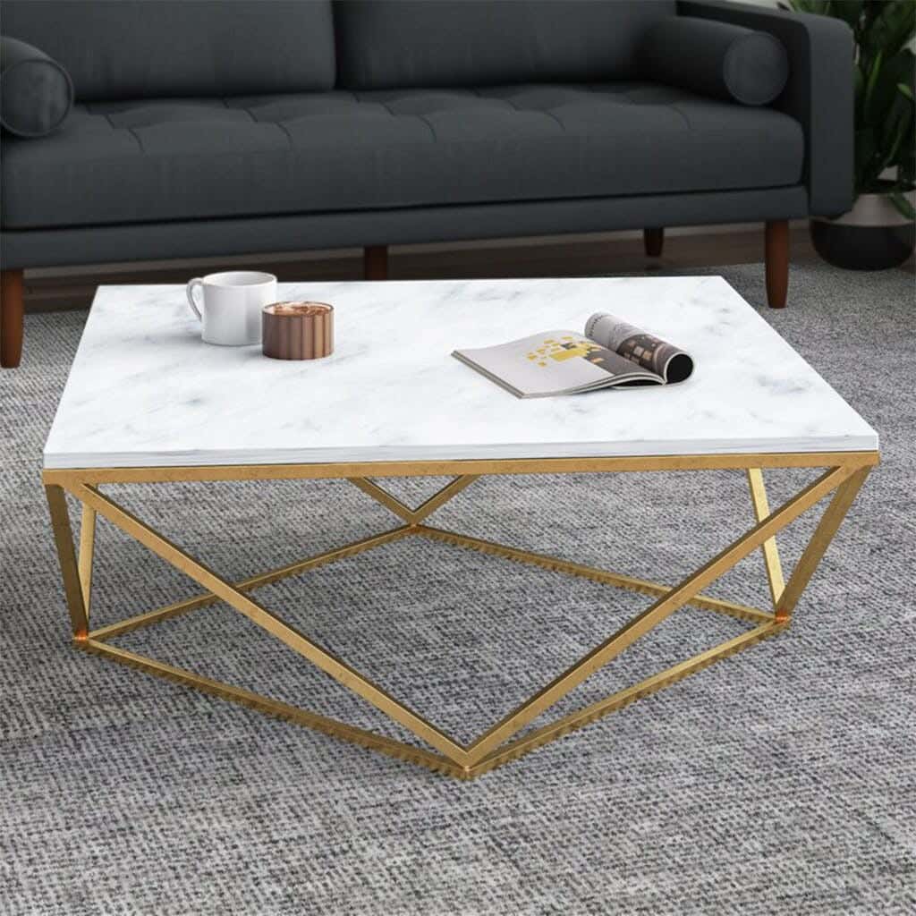 Steel Modern Center Table, Marble Surface, 80x80x45 cm - Gold White