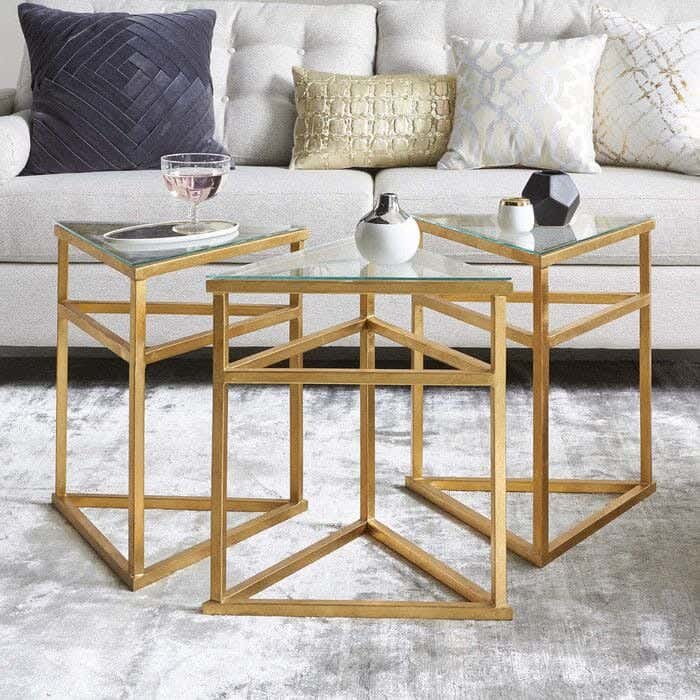 Steel Modern Center Table Set, 3 Pieces, Glass Surface, 35x35x50 Cm - Gold Clear