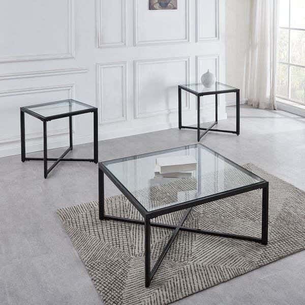 Steel Modern Center Table Set, 3 Pieces, Glass Surface, 80x80x45 Cm - Black Clear