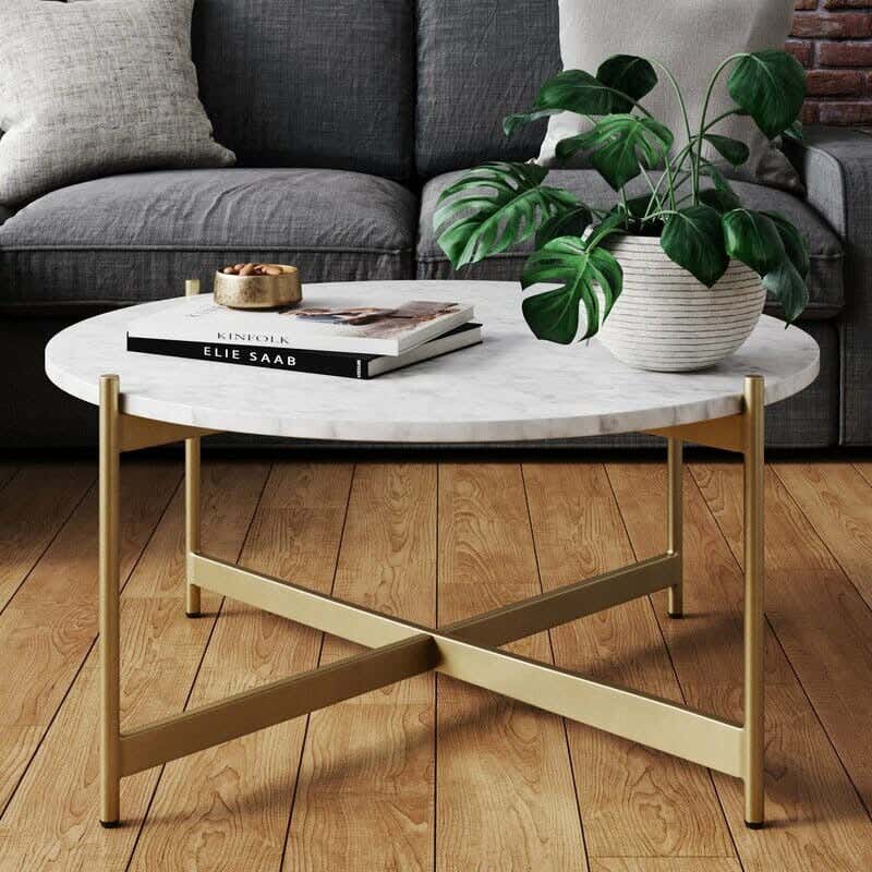Steel Modern Center Table, Marble Surface, 45× 80 cm - Gold White