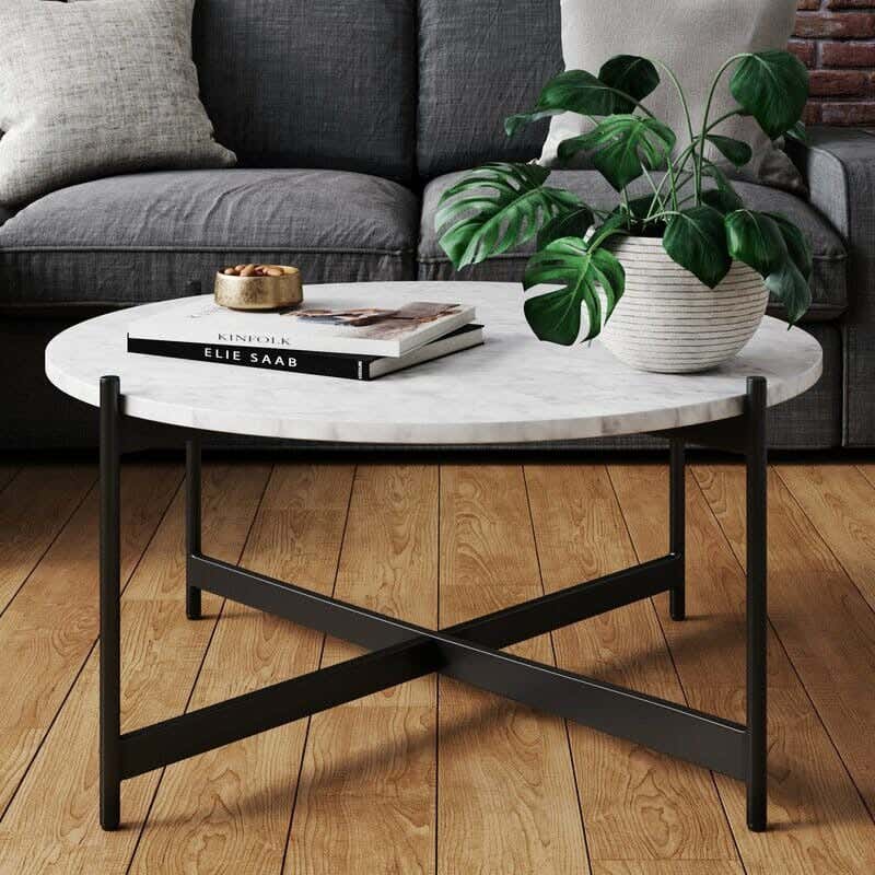 Steel Modern Center Table, Marble Surface, 45× 80 cm - Black White