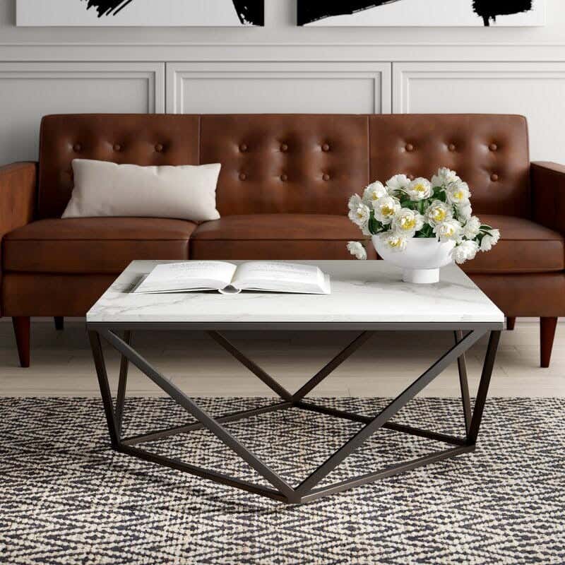 Steel Modern Center Table, Marble Surface, 90x90x45 cm - Black White