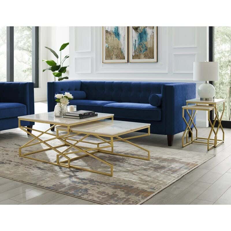 Steel Modern Center Table Set, 2 Pieces, Marble Surface, 70x70x45 Cm - Gold White