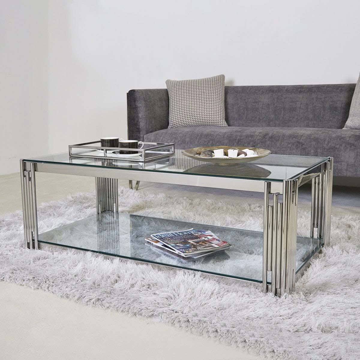 Modern Stainless Steel Center Table, Glass Top, 110 X 55 X 50 Cm - Clear Silver