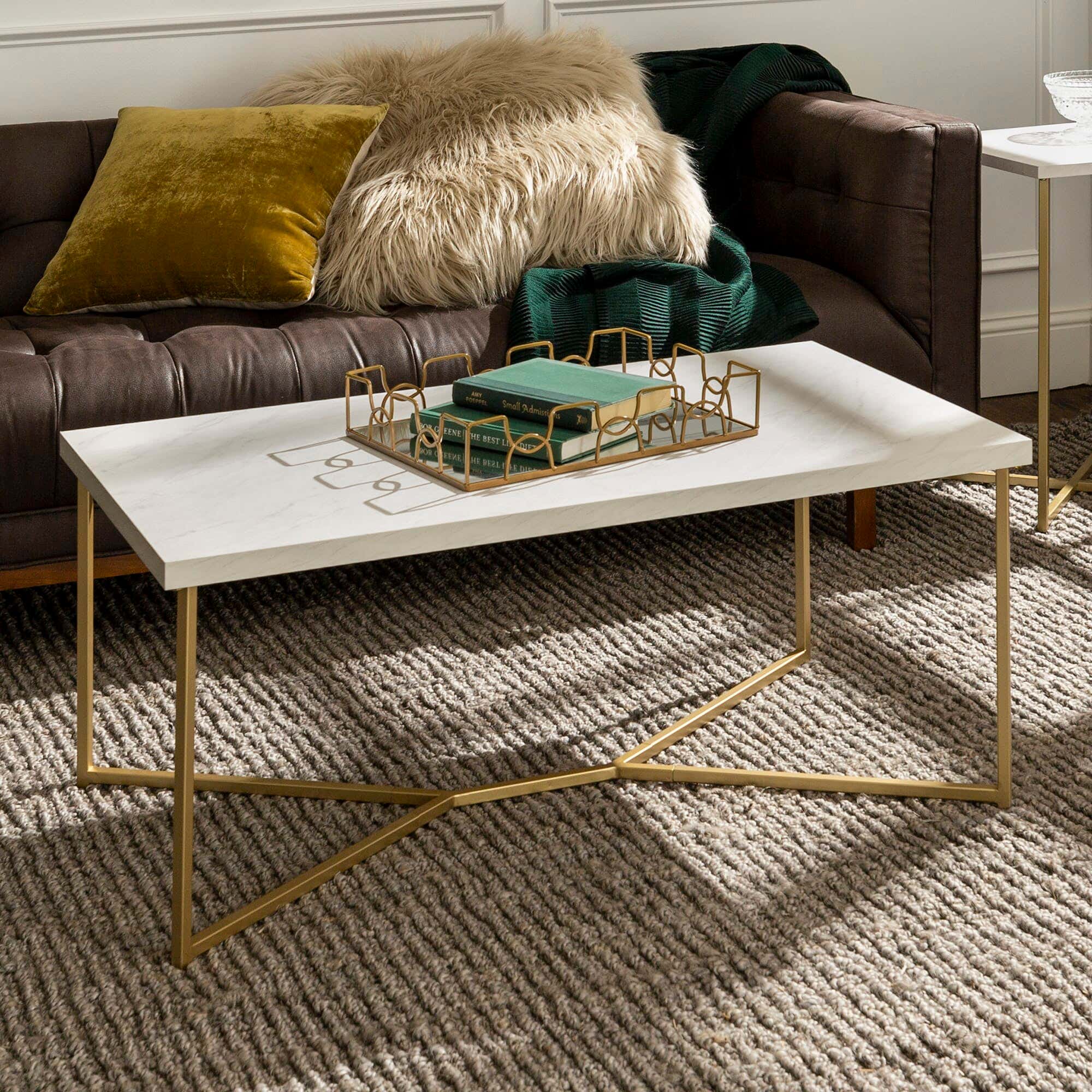 Steel Modern Center Table, Marble Surface, 100x100x45 Cm - Gold White
