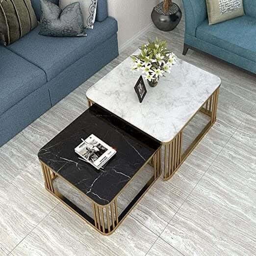 Steel Modern Center Table Set, 2 Pieces, Marble Surface, 70x70x45 Cm - Multicolor