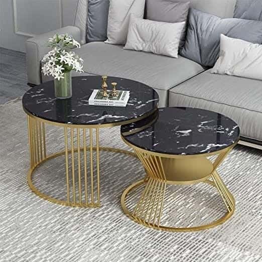 Steel Modern Center Table Set, 2 Pieces, Wood Surface, 70x70x45 Cm - Gold Black