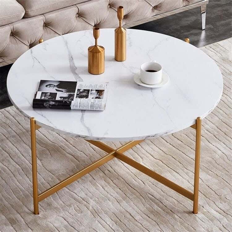 Steel Modern Center Table, Marble Surface, 45× 80 cm - Gold White