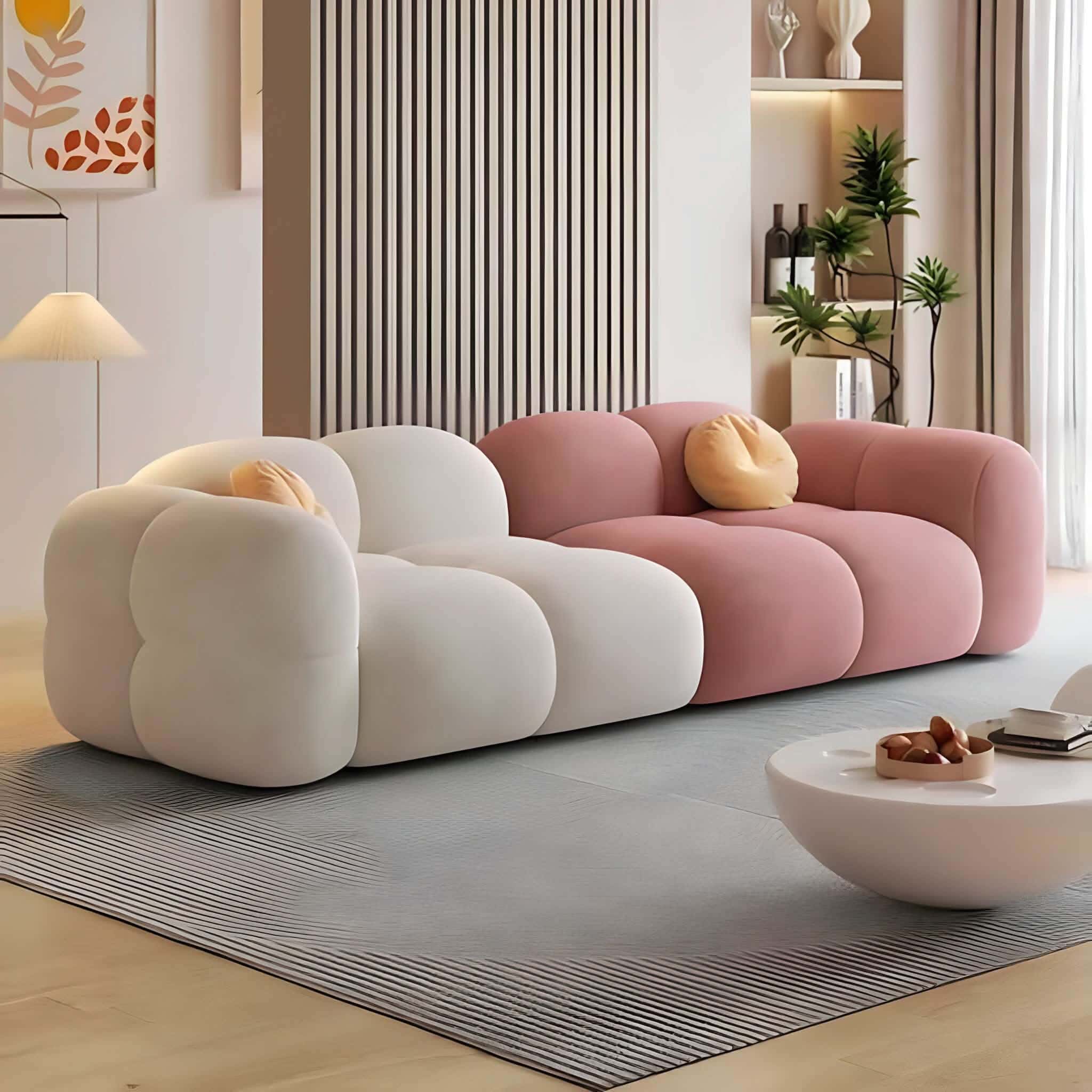 Natural Wood Sofa, Fabric Rock Velvet, 210×85×75 Cm - Off White Cashmere