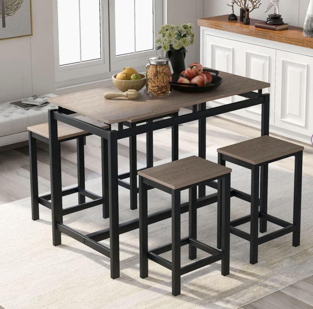MDF Surface Metal Bar Table Set with 4 Chairs, 90×120×60 Cm - Black Grey