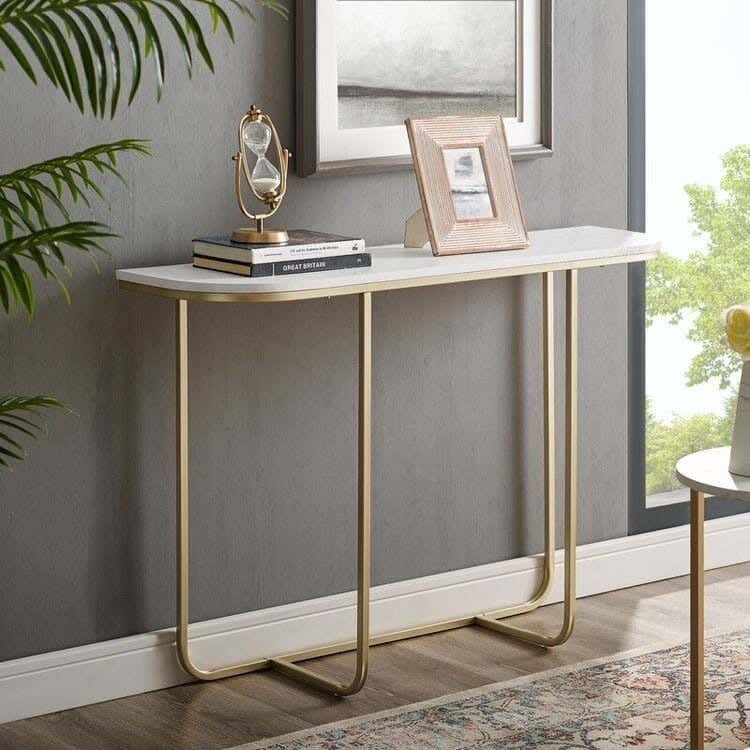 Metal Console Table, Marble Top, Electrostatic Coating, 90 × 140 × 40 cm - Gold