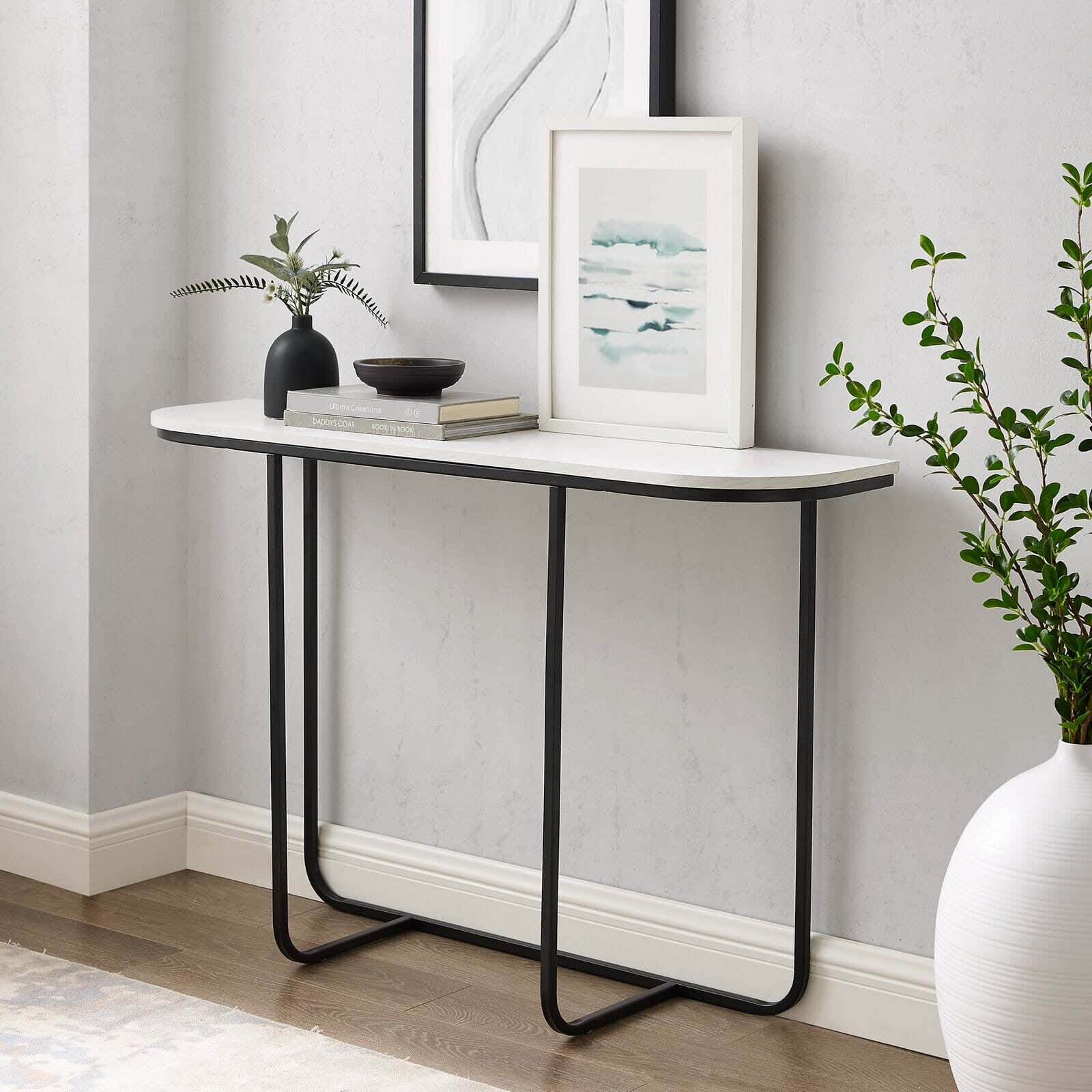 Metal Console Table, Marble Top, Electrostatic Coating, 90 × 140 × 40 cm - Black