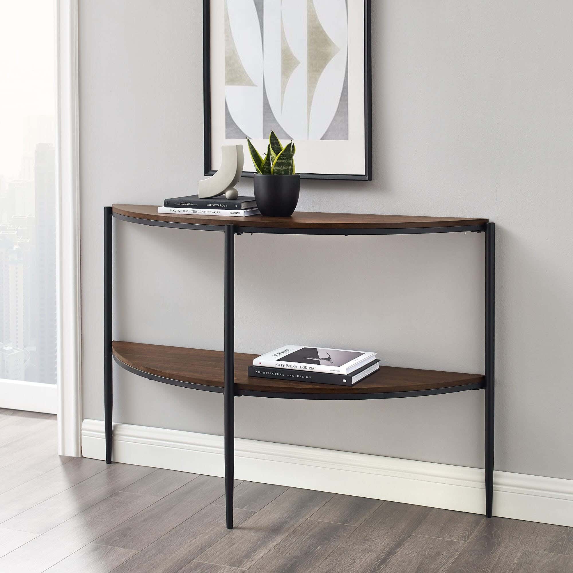 Metal Console Table, Glass Top, Electrostatic Coating, 90 × 140 × 40 cm - Black Brown