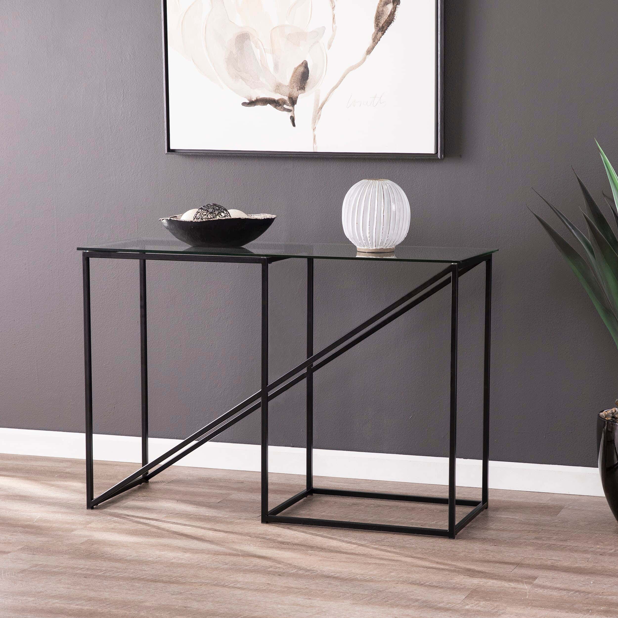 Metal Console Table, Glass Top, Electrostatic Coating, 90 × 140 × 40 cm - Black