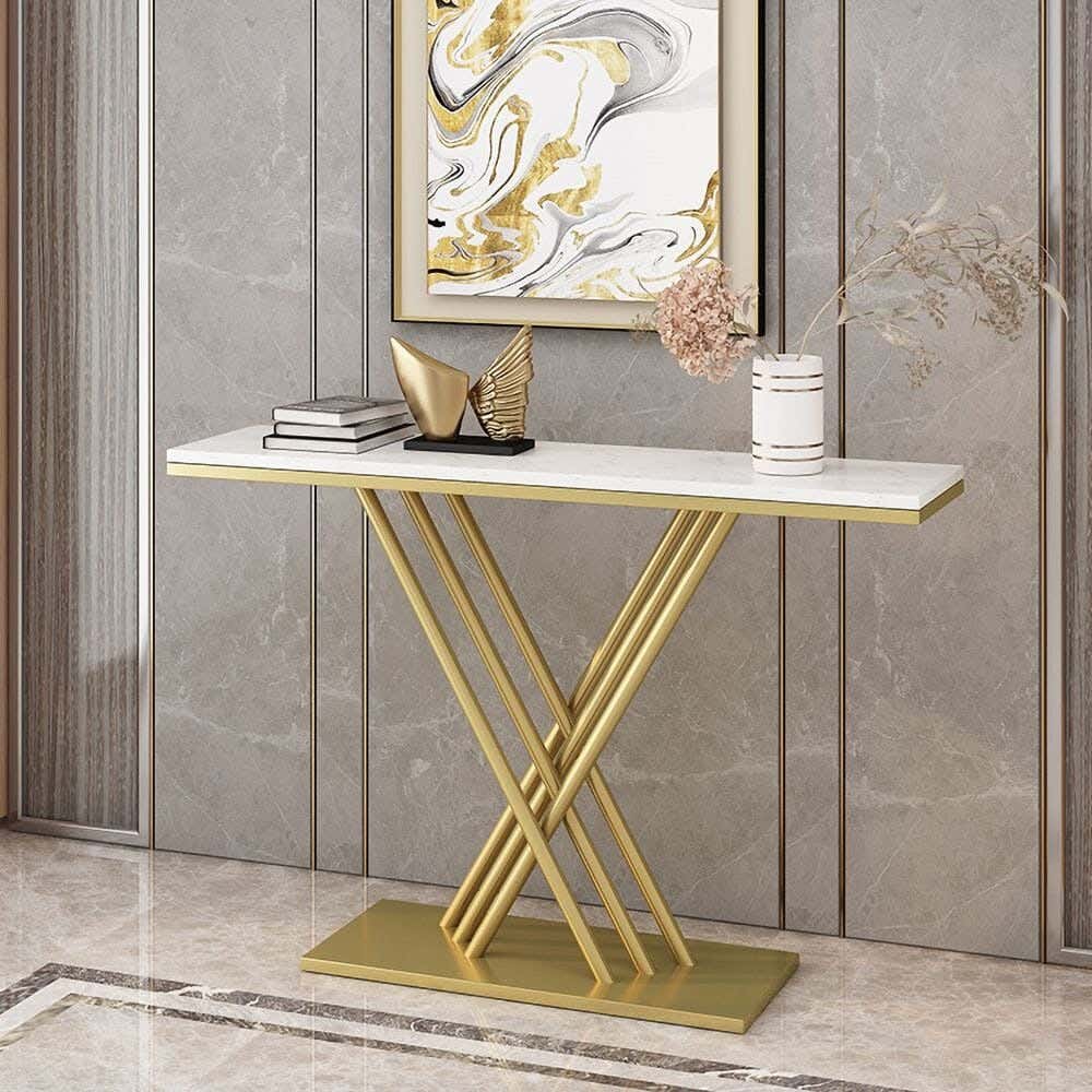 Metal Console Table, Marble Top, Electrostatic Coating, 90 × 140 × 40 cm - Gold