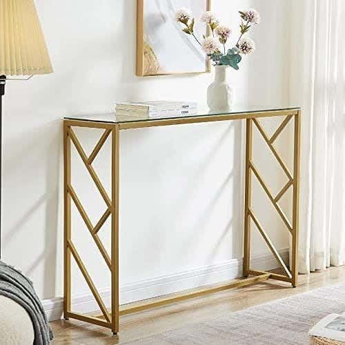 Metal Console Table, Glass Top, Electrostatic Coating, 90 × 140 × 40 cm - Gold