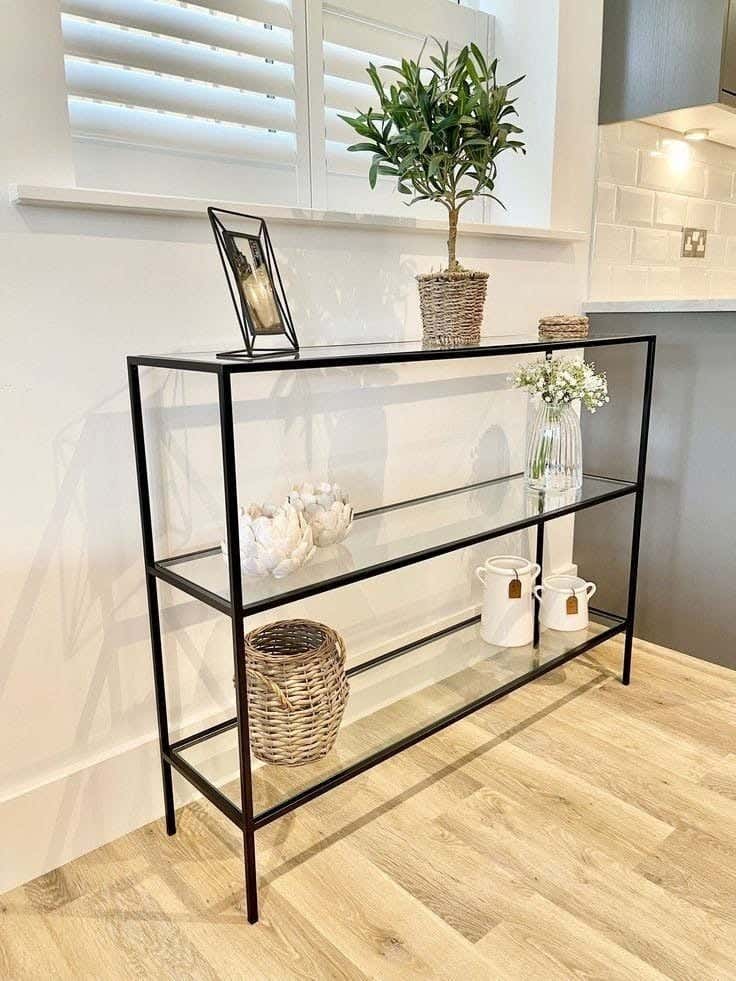 Metal Console Table, Glass Top, Electrostatic Coating, 90 × 140 × 40 cm - Black