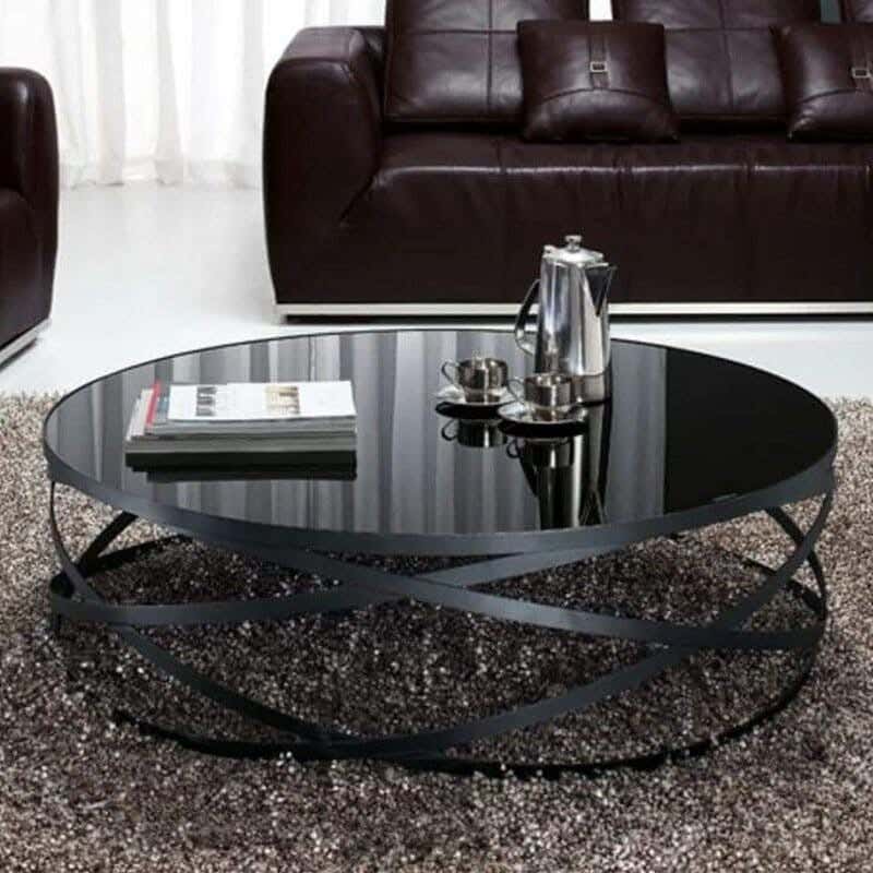 Metal Center Table, Glass Top, Electrostatic Coating, 90 × 90 × 40 cm - Black