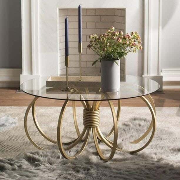 Metal Center Table, Glass Top, Electrostatic Coating, 80 × 80 × 45 cm - Gold