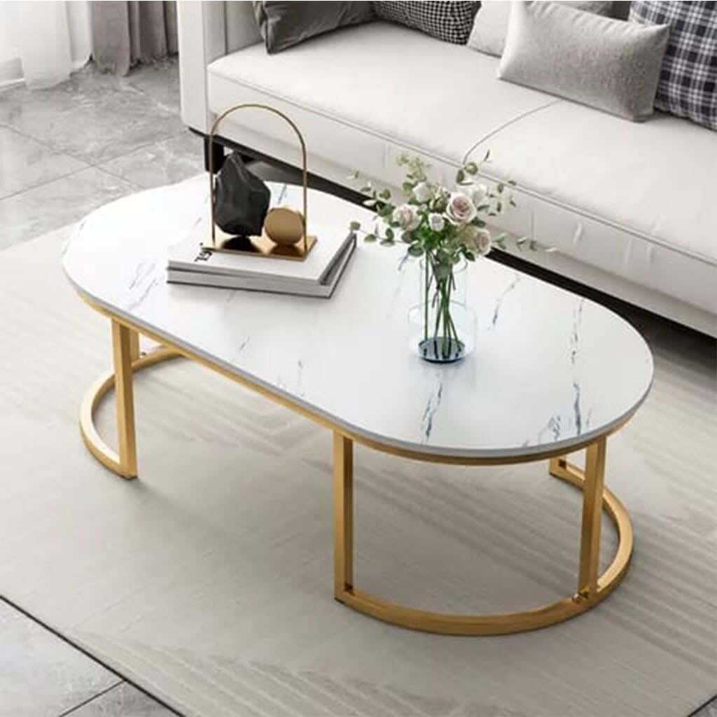 Metal Center Table, Marble Top, Electrostatic Coating, 100 × 50 × 45 cm - White Gold