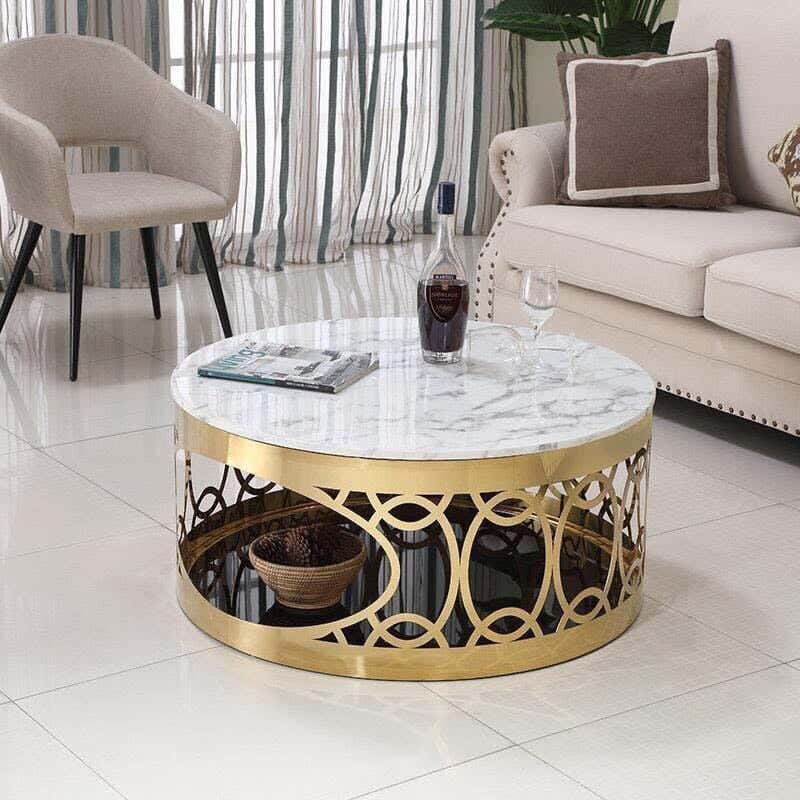 Metal Center Table, Glass And Marble Top, Electrostatic Coating, 80 × 80 × 50 cm - White Gold