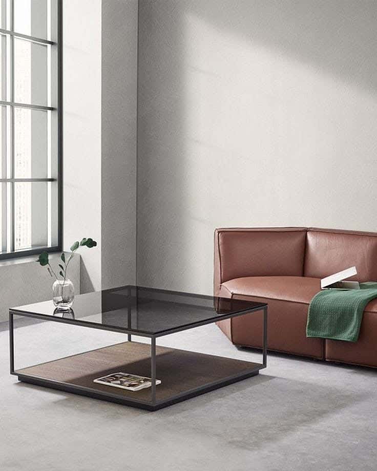 Metal Center Table, Mdf Wood And Glass Surface, Electrostatic Coating, 90 × 90 × 45 cm - Black Brown