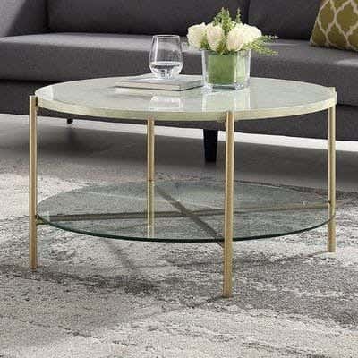 Metal Center Table, Marble And Glass Top, Electrostatic Coating, 70 × 70 × 45 cm - White Gold