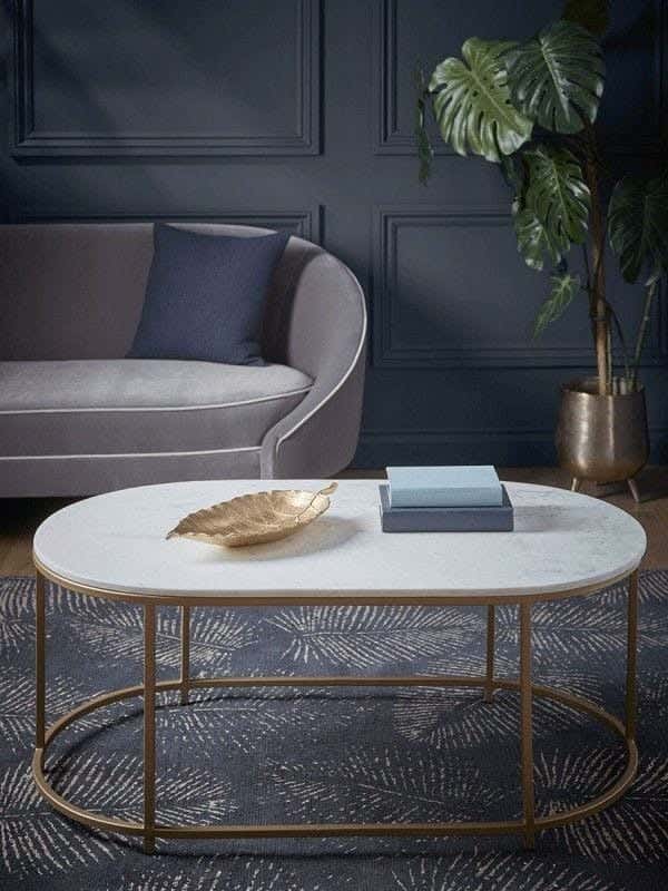 Metal Center Table, Marble Top, Electrostatic Coating, 100 × 50 × 45 cm - White Gold