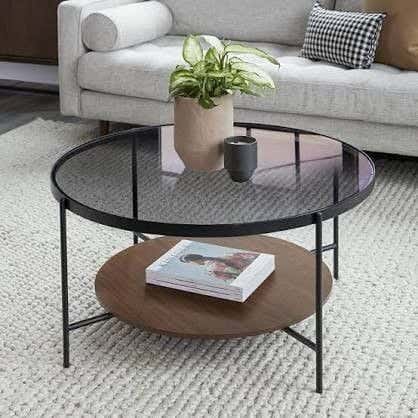 Metal Center Table, Mdf Wood And Glass Surface, Electrostatic Coating, 80 × 80 × 45 cm - Black Brown