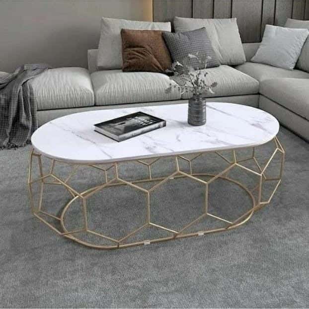 Metal Center Table, Marble Top, Electrostatic Coating, 100 × 50 × 50 cm - White Gold