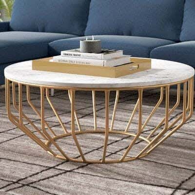 Metal Center Table, Marble Top, Electrostatic Coating, 80 × 80 × 45 cm - White Gold