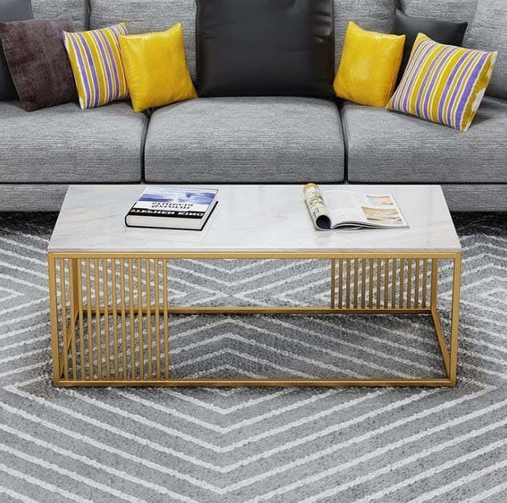 Metal Center Table, Marble Top, Electrostatic Coating, 100 × 50 × 50 cm - White Gold