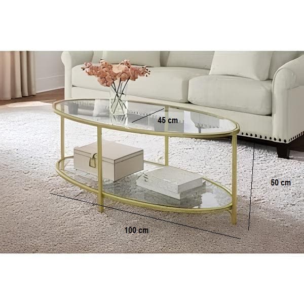 Metal Center Table, Glass Top, Electrostatic Coating, 100 × 50 × 45 cm - Gold