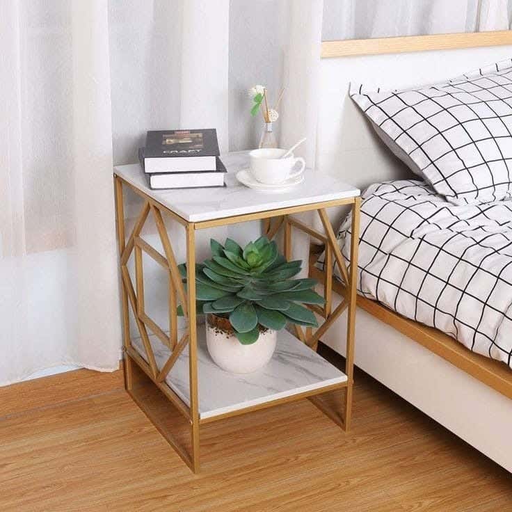 Metal Side Table, Marble Top, Electrostatic Coating, 45 × 45 × 55 cm - White Gold