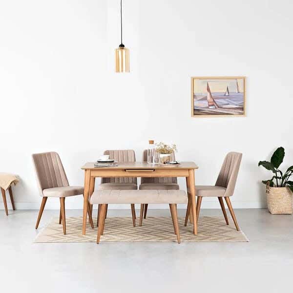 Dining Room Set, Dining Table + 4 Dining Chairs And A Bench - Beige